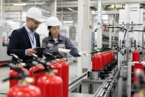 International buyer inspecting a fire extinguisher production line
