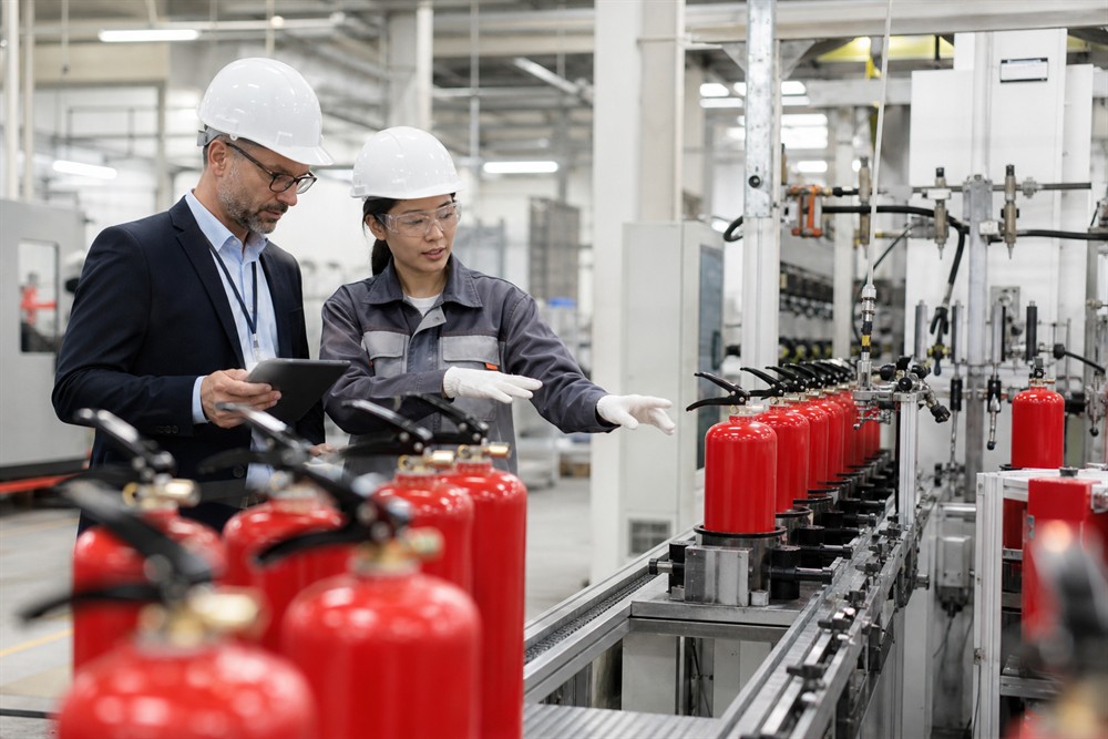 International buyer inspecting a fire extinguisher production line