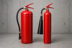 ABC dry powder and CO2 fire extinguishers displayed for comparison