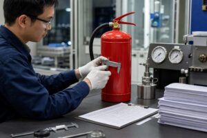 Quality engineer reviewing a fire extinguisher and technical documentation