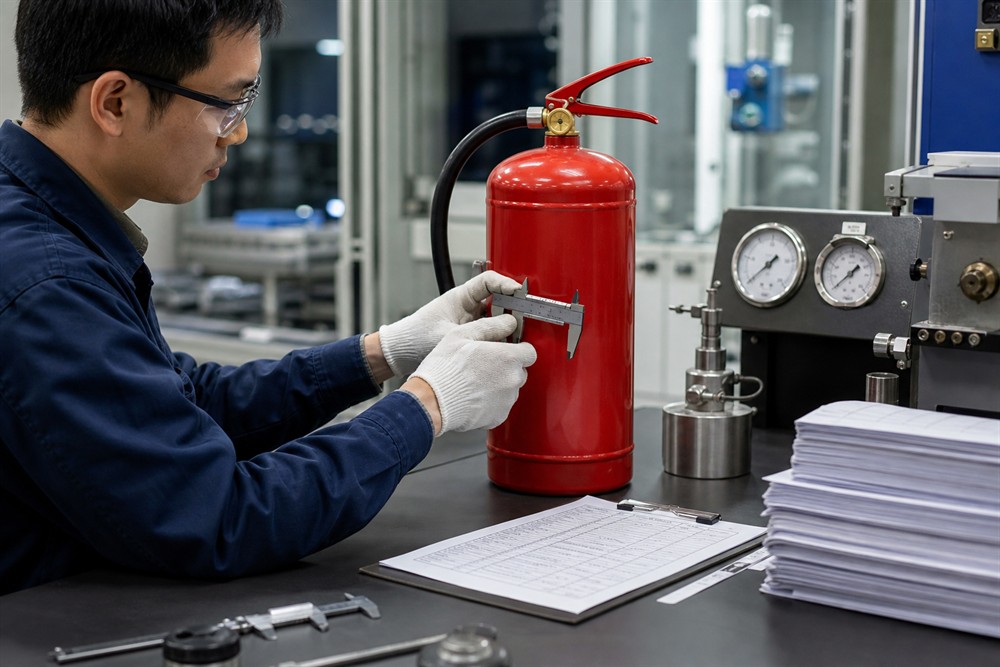 Quality engineer reviewing a fire extinguisher and technical documentation
