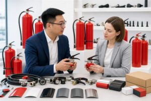 Distributor and factory engineer reviewing fire extinguisher components