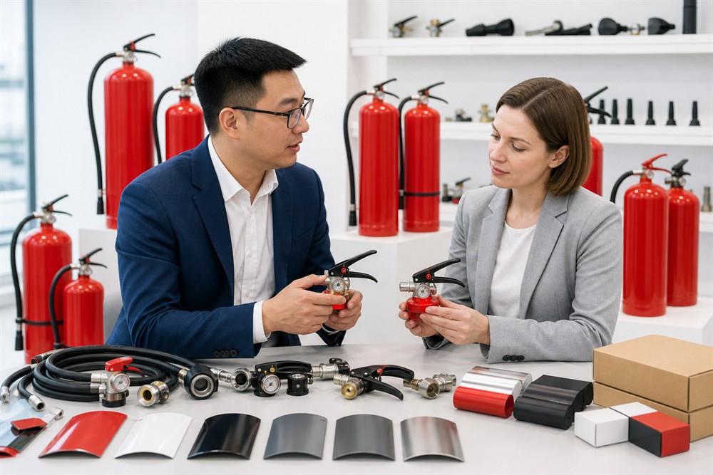 Distributor and factory engineer reviewing fire extinguisher components