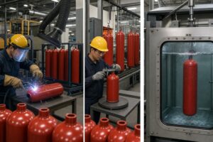 Fire extinguisher cylinders undergoing fabrication and pressure testing