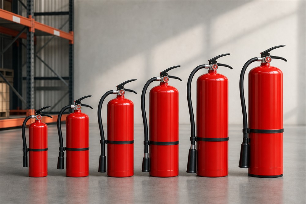 Portable fire extinguishers arranged from small to large capacities
