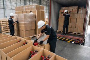 Workers packing fire extinguishers and securing a shipping container load