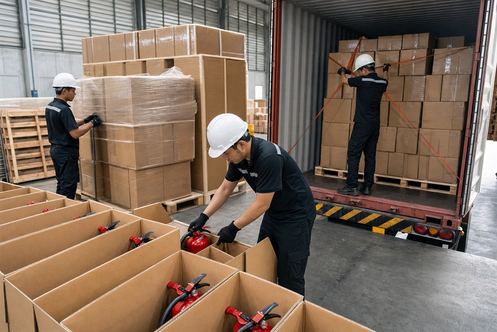Workers packing fire extinguishers and securing a shipping container load
