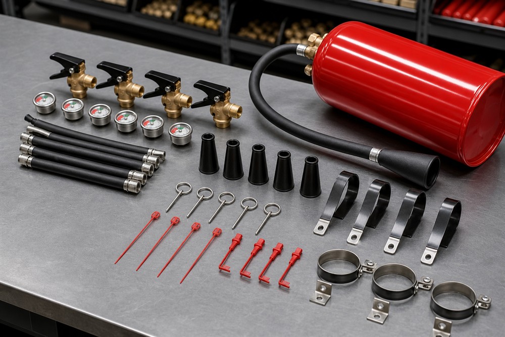 Fire extinguisher valves gauges hoses pins and brackets arranged for inspection