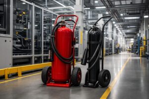 Heavy duty wheeled fire extinguishers in an industrial facility