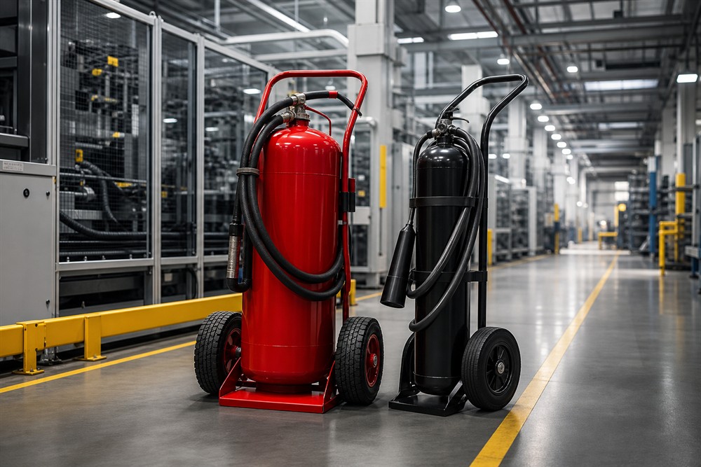 Heavy duty wheeled fire extinguishers in an industrial facility