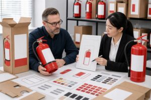 Buyer and manufacturer reviewing private label fire extinguisher packaging