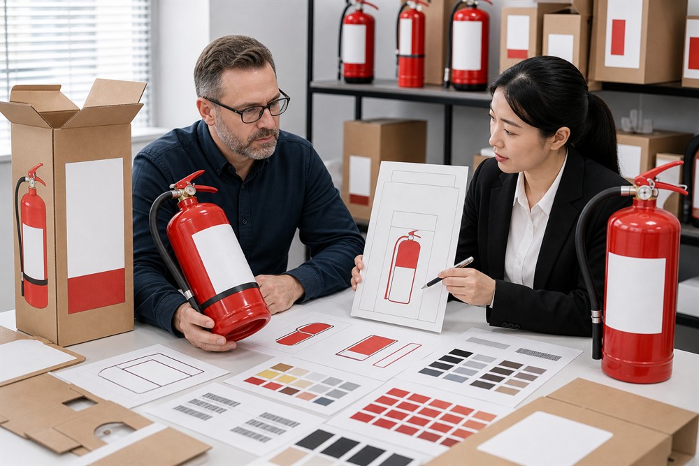 Buyer and manufacturer reviewing private label fire extinguisher packaging