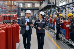Overseas buyer auditing a fire extinguisher manufacturing line