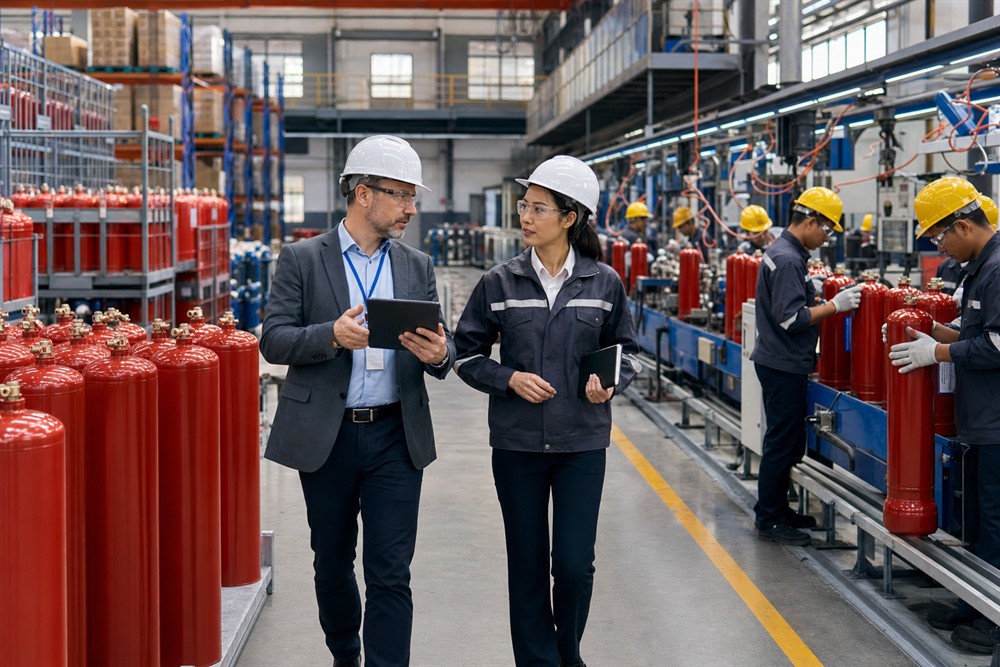 Overseas buyer auditing a fire extinguisher manufacturing line