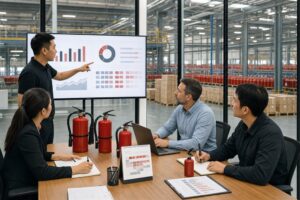 Procurement and production team planning fire extinguisher demand and capacity