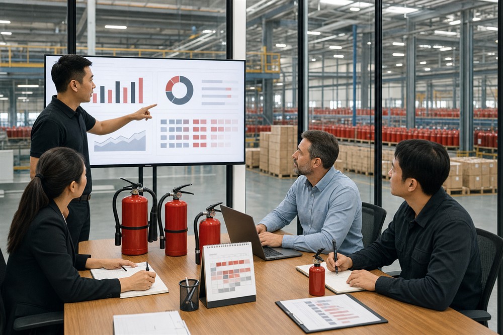 Procurement and production team planning fire extinguisher demand and capacity